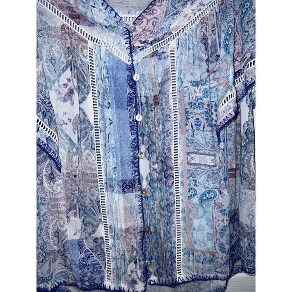 DEAR JOHN DENIM NY LA Petal Sleeve Lilac Breeze Patchwork Short Sleeve Top - Picture 5 of 9
